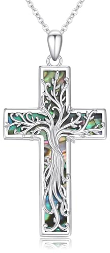 JFASHOP Kors livets träd halsband sterlingsilver religiös abalone Shell träd livets hänge smycken för kvinnor gåvor, Silver