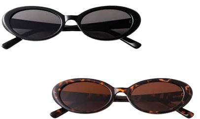 Werownsgso 2 Stück Vintage Oval Sonnenbrille, 90er Retro Sonnenbrillen, Vintage Katzenauge Sonnenbrille, Modische Schmale Sunglasses für Damen Reisen Geschenke (Farbe 1)