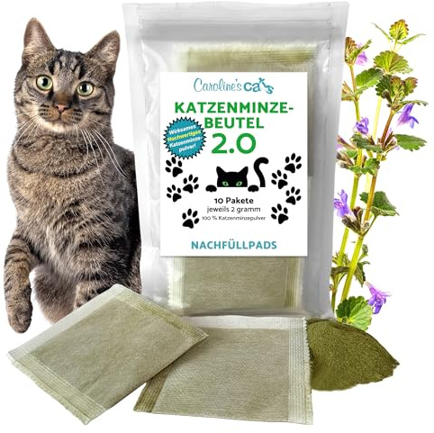 Caroline's Cats Bio Katzenminze Beutel 2.0 für Katzenspielzeug - Katzenminze-Pakete Nachfüllpackung für flatternde Vögel, Flopping Fish, und Katzenminze Spielzeug; Teebeutel 10 Päckchen