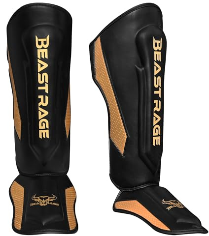 BEAST RAGE MMA Martial Arts Shin Guards for Kickboxing Adjustable Muay Thai, Padded Martial Arts Shin Pads Leg Guard with Instep Sleeves MMA Training BJJ Karate Boxing Taekwondo (Golden, S)