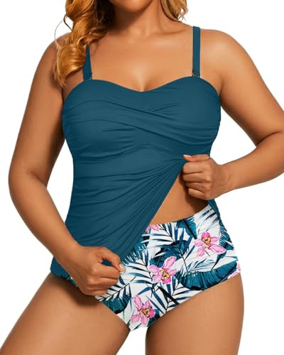 Aqua Eve Women Two Piece Plus Size Tankini Strapless Bathing Suits Bandeau Swimsuits with High Waisted Bottom Teal Flower 16W