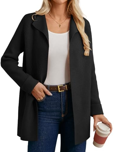 GRACE KARIN Women Knitted Long Sweater Jacket with Large Lapel Open Front Mid Length Cardigan Black S
