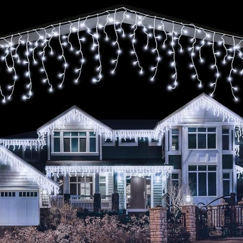 LEDYA Icicle Lights Outdoor, 14m/45.93ft 360 Blue and White LEDs Fairy Lights Plug in, Christmas Lights Waterproof, String Lights with 8 Modes,Timer, Clear Cable, Garden, Cool White