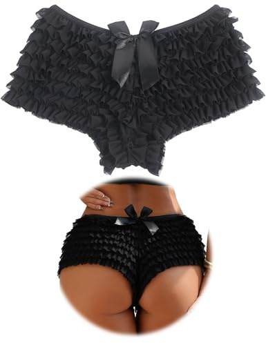 ohmydear Frilly Bloomers for Women Ruffle Lace Shorts Micro Multi-Layer Knickers for Y2K Festival Burlesque Costume Sexy Outfits Hot Pant Plus Size, UK 16 Black