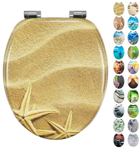 Fanmitrk WC Sitz mit Absenkautomatik, Hochwertiger Toilettendeckel Stabil und Wackelt Nicht, MDF Holzkern Klodeckel, Einfache Montage Toilettensitz, viele Schöne Motive (Gelber Seestern)