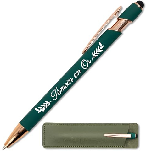 StarMaker Stylo Témoin en Or avec étui cuir - Idée cadeau témoin de mariage - Stylo en métal 2 en 1 tactile avec gravure laser, original et chic à offrir (Vert profond)