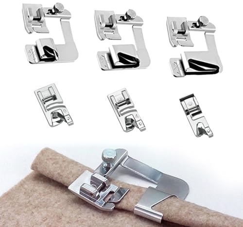 6 Sewing Machine Presser Kit, Sewing Machine Accessories 3 Narrow Rolled Hem Presser Feet(3/4/6mm) 3 Rolled Hem Pressure Foot(4/8,6/8,8/8Inch) Sewing Machine Feet for Most Domestic Sewing Machines