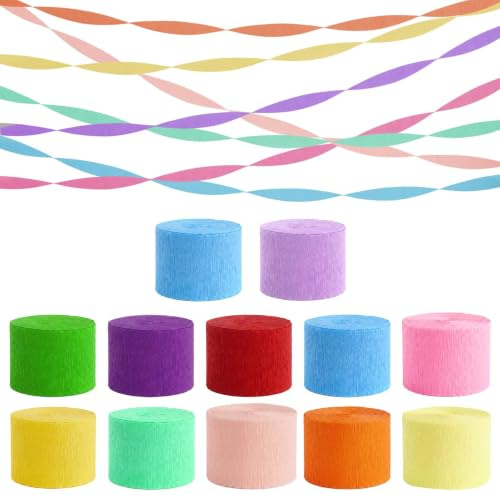 12 rollos de papel crepé multicolor de 264 m, colores pastel y arcoíris, 22 m x 4,5 cm, para flores, cumpleaños, bodas, fiestas, decoración de pared