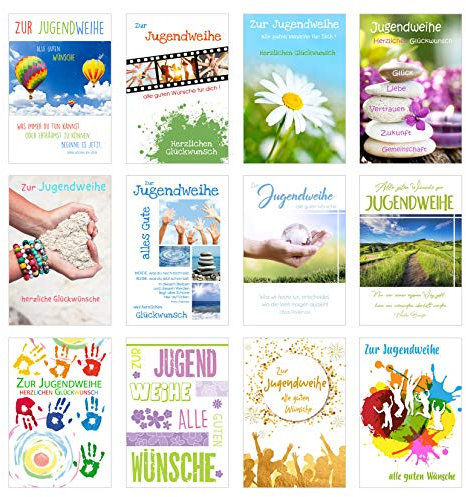 Edition Seidel Set 12 Premium Karten zur Jugendweihe mit Umschlag (Doppelkarten/Klappkarten mit Briefumschlag) Karte Postkarte Jugendweihekarten