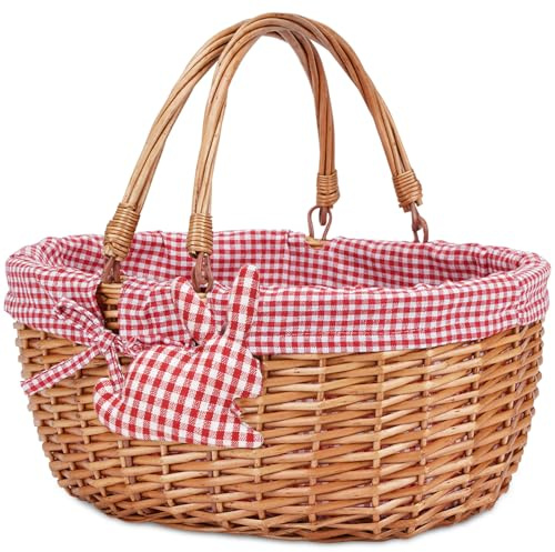 G GOOD GAIN Cestino da Picnic,Cesto in vimini con Doppi Manici Pieghevoli Fodera, Cesto da Picnic in Salice, Cesto Intrecciato Mano Naturale,Cesto per Imballaggio Regalo,Cesto per Uova di Pasqua,Rosso