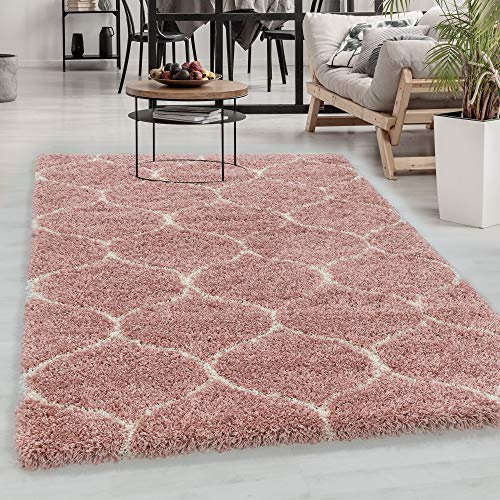 Designer Hochflor Teppich Modern, Skandinavische Design, Flauschiger Langflor Shaggy Teppich, Rechteckig, Pflegeleicht, Wohnzimmerteppich, Größe:60 x 110 cm,Farbe:Rosa-Creme