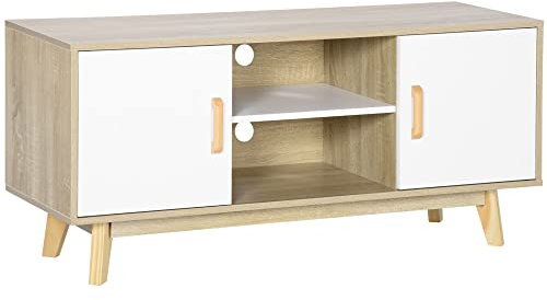 HOMCOM Mobile TV Moderno con Armadietti e Vani Aperti, Mobiletto Basso in Legno per TV fino 55, 120x40x55cm, Legno Naturale e Bianco