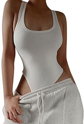 TTPSRY Femme Body Sexy Sans Manches Bodysuit Top Justaucorps Combinaison Clubwear Party Bodycon Jumpsuit (Blanc/L)