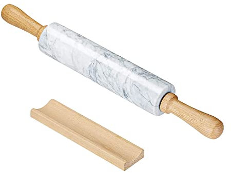 Intirilife Rodillo de mármol con soporte Blanco - 46.5 cm - Rodillo para masa, rodillo de pastelería, rodillo de pizza, de mármol natural para un fácil amasado, fácil de limpiar