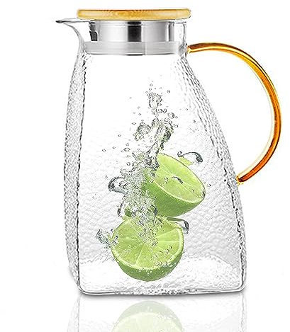 YBCPACK 1.8 Litre Glass Water Jug with Bamboo Lid, Large Heat Resistant Carafe Pitcher with Handle for Hot/Cold Drinks - Fridge Door Jug for Water, Tea, Juice, Sangria, Cocktail, Cold Brew