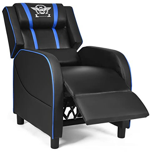 Multigot Recliner Sofa Chair, 3-Position Adjustable Gaming Armchair with Footrest, Headrest, Lumbar Support and Side Pocket, PU Leather Lounge Chair for Home Theater (Black+Blue)