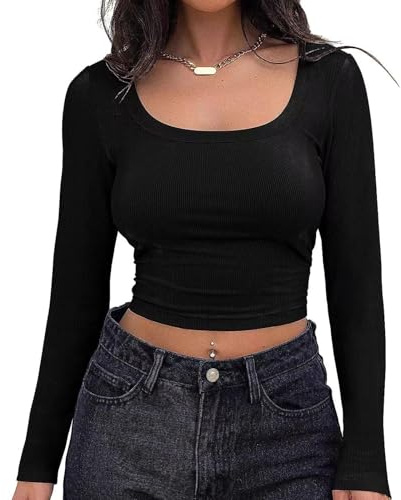 Runmeihe Solid Color Women's Long Sleeve Tops, Ribbed Knit Going Out Basic Tops, Fashion Sexy Tight T-Shirt (UK, Alpha, L, Regular, Regular, Square Neck-Black, Crop Top)