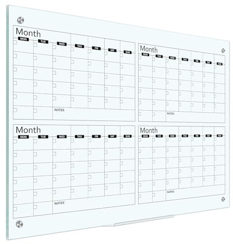 Kritkin Glass Whiteboard Calendar Dry-Erase White Board Planner Glass Large Wall Mounted Calendar with Marker Tray for Wall Home or Office(Transparent,36 X 24,4 Month)