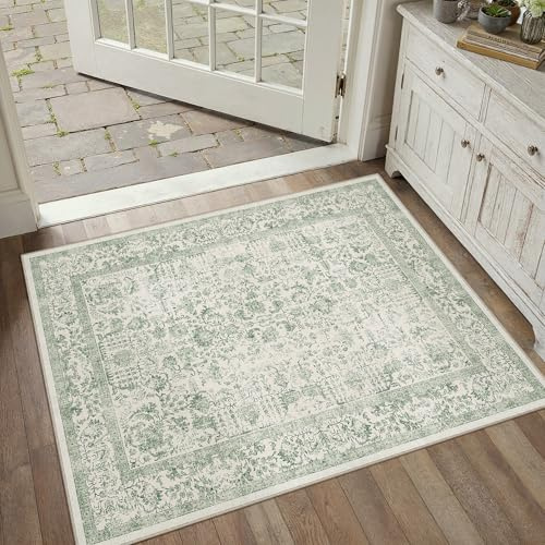 HUGEAR Vintage Door Mat Small Rug 60x90cm Green Washable Doormat | Machine Washable Non Slip Doormat Rugs, Small Rug, for Bedroom Kitchen Office Indoor Carpets Low Pile Carpet
