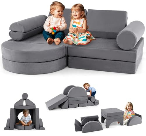 GOPLUS Modularer Kindersofa mit 14 Teilen, Schaumstoff-Bausteine, Verschiedene Formen, abnehmbare und waschbare Bezüge, umwandelbares Spielsofa für Spielzimmer, Kinderzimmer, Wohnzimmer (Grau)