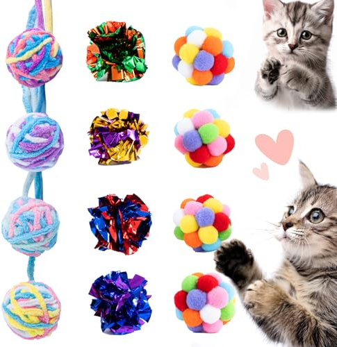 Zeeptix 12 Pack 1.7 Inch Cat Toy Balls, Assorted Wool Yarn, Bell & Crinkle Balls for Indoor Cats & Kittens, Interactive Colorful Set