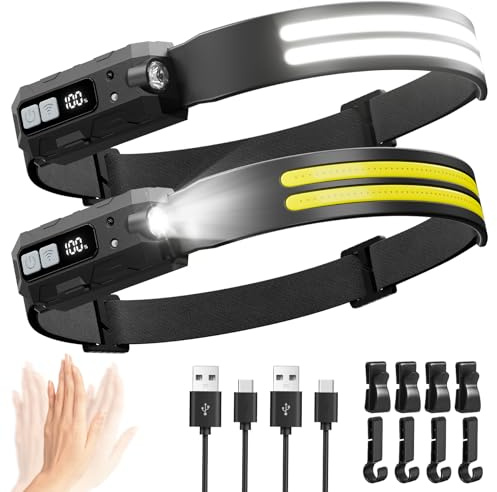 Torcia frontale ricaricabile, confezione da 2 pezzi, 2000 lumen, super luminosa, fascio largo di 270°, 8 modalità di illuminazione con sensore di movimento, batteria a lunga durata, impermeabile