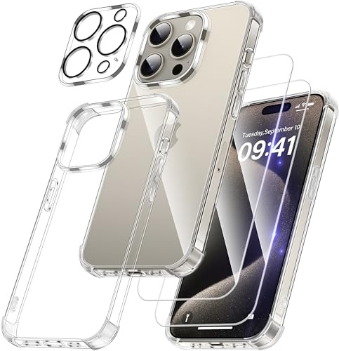 FLLAO 4 en 1 Funda para iPhone 15 Pro con 2 Protector Pantalla y 1 Protector Lente Cámara, [Almohadilla de Aire integrada] Antigolpes Antiarañazos Carcasa 6,1 Pulgadas, Transparente