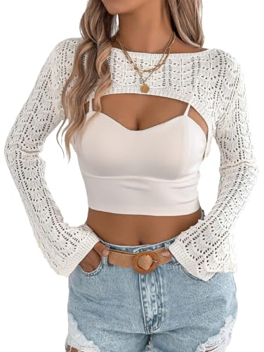 Ldabrye Maglione corto da donna in tinta unita a maniche lunghe con scollo rotondo coprispalle casual aderente traforato maglieria pullover maglione top crop top lavorato a maglia, Beige, XL