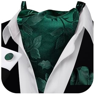 Barry.Wang - Set da uomo in seta con cravatta, Ascot, motivo paisley, fazzoletto da taschino e gemelli per matrimoni e formale, Verde floreale., Taglia unica
