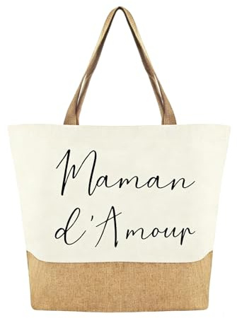 AHEZQILU Sac Cabas Femme Toile Jute Maman D’Amour Grand Format 44x40x12 cm Sac Cabas Fete Des Meres Idée Cadeau Fete Des Meres Original Sac Épaule Shopping Plage Voyage Accessoire Élégant Pour Femme