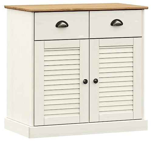 QJBSAVVA Aparador VIGO Cómoda de madera maciza de pino blanco, 78 x 40 x 75 cm, aparador con cajones y puerta de persiana, armario auxiliar para salón, pasillo y cocina, estilo rústico