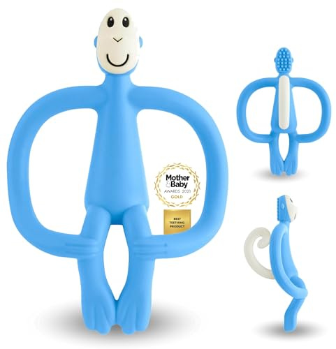 Matchstick Monkey, Original Teether & Gel Applicator, Antimicrobial Silicone Teething Toys for Baby, Easy to Grip, BPA Free, 3 Months Old+, 10.5 cm, Light Blue Monkey