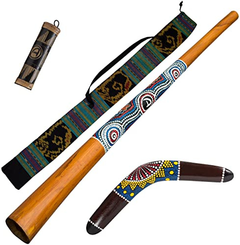 Australian Treasures - Paquete ''Dreamtime'': didgeridoo de madera 130cm - bolsa - boomerang de madera 40cm - palo de lluvia/agitador 20cm