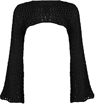 FeMereina Women Y2k Crochet Knit Hollow Out Crop Top Long Flared Sleeve Shrug Sweater Cropped Mesh Sweater Cover Ups Vintage Pullover Top (0, One Size)