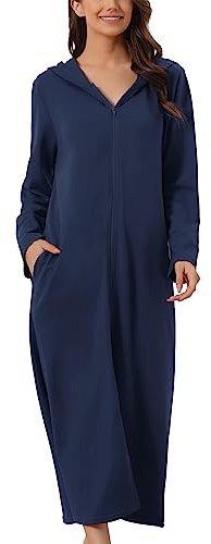 cheibear Damen Robe mit Reißverschluss vorne und Kapuze Hauskleid Nachthemd Hausmantel Kapuzenpullover langer Loungewear Bademantel Navy blau XL