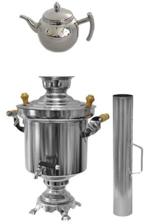 rukauf Samovar ruso/turco de carbón vegetal de acero inoxidable, 5 litros con diseño de tetera de 1 litro, RKFS+1LTK