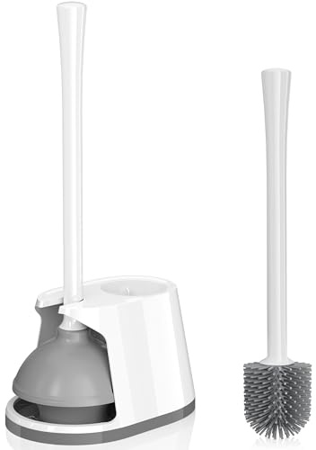 Toilet Plunger and Brush Set, Silicone Bowl Brush and Heavy Duty Toilet Plunger with Ventilated Holder, 2-in-1 Toilet Brush and Plunger Combo for 5.3-inch Toilet Drain Bathroom Deeply Cleaning