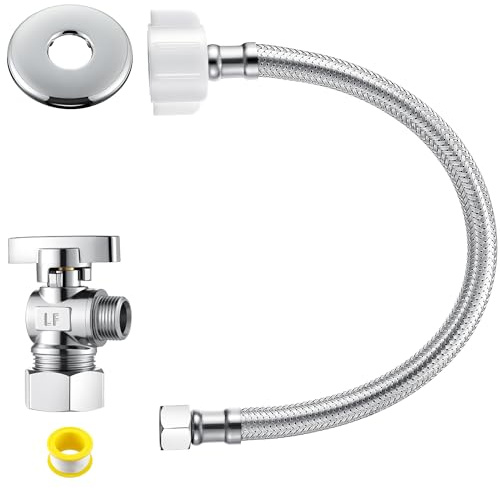 1 Pack Complete Toilet Valve Set, Includes 1/2'' Nom Inlet x 3/8'' OD Compression Outlet Angle Shut Off, 7/8 BC x 3/8 COMP Toilet Water Supply Line, Escutcheon Plate, Sealing Tape (16 Inch)