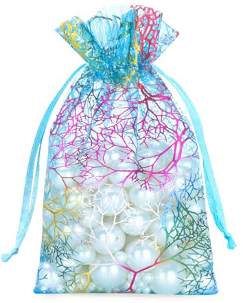 G2PLUS Sacchetti Organza con Blu：10x12 cm Motivo Corallo Colorato，50PCS Sacchetti Regalo Organza per Matrimonio,Compleanno,Battesimo,Natale