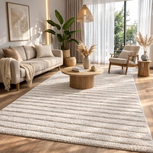 the carpet Bahar Shaggy Elegant Designer Living Room Rug, Soft & Easy-Care High Pile Living Room Rug in Beige, 160 x 230 cm
