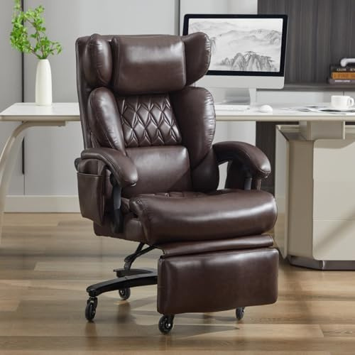 KOMHTOM Chaise de Bureau Ergonomique, Fauteuil de Direction avec Fonction Massage et Chauffage, Fauteuil Lounge en PU, Repose-Pieds, Pivotant à 360° (Marron)