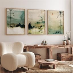 DAMAIART Juego de 3 impresiones en lienzo de arte mural japonés, decoración japonesa, arte de pared de montaña, póster minimalista, impresión de paisaje verde (60 x 90 cm, sin marco)