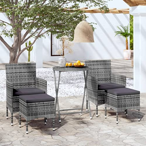 JHQHSM Ensemble bistro de jardin 5 pièces en polyrotin et verre trempé gris avec 2 tabourets et coussins, meubles d'extérieur élégants pour terrasse et balcon, tressage en polyéthylène résistant aux