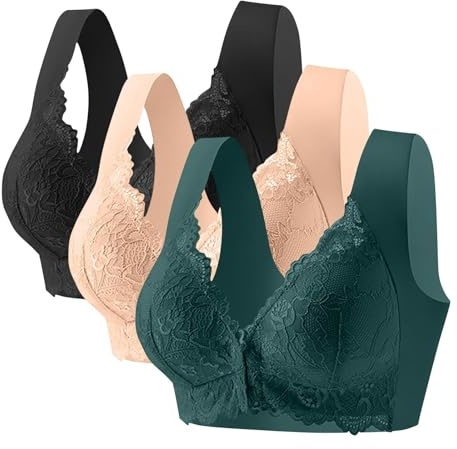 Uwdiohq 3 Pack Bras for Women Front Closure No Underwire Cotton Plus Size Full Coverage Comfortable Lace Bra Sports with Cups (Ay, XXXL) Underwear Womens Braswired Non Padded White Back