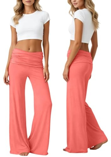Pantalon de yoga pour femmes à taille repliable couleur corail, Pantalon palazzo de détente à coupe large plissé haute taille, Pantalon uni de style pour femme, pantalon pour le quotidien et le yoga