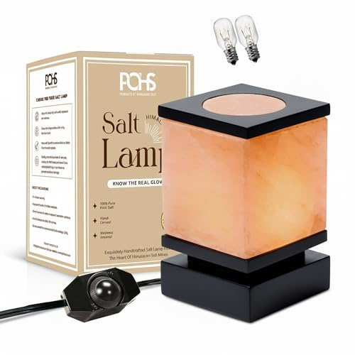 POHS 100% Authentic Himalayan Pink Salt Cube Lamp with Black Wooden Base, Dimmer Switch Cord and Two Bulbs, Night Light for Home and Office Table and Desk, Gift and Decor