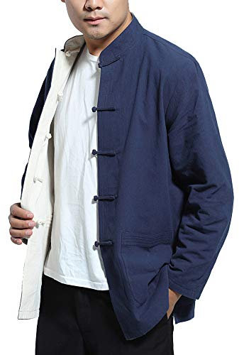 Daoba Homme Réversible des Deux côtés Manteau Veste Costume Tang Chinois Traditionnel Manche Longue Arts Martiaux Kung FU Chemise Unisexe (Marine, L)