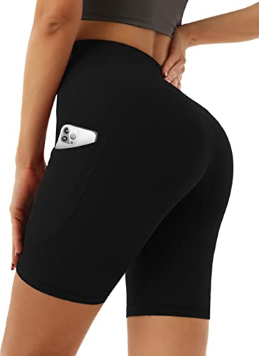 Desol Kvinnors sportshorts med fickor hög midja magkontroll sportshorts korta leggings dam för yoga löpning cykelshorts