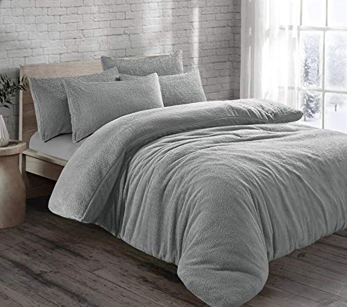EXQUIZIT HOME Set di biancheria da letto in pile morbido e confortevole, con copripiumino e federe, motivo orsacchiotto, 230 x 220 cm, colore: Argento