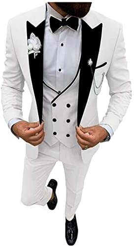 Costume 3 pièces à revers cranté pour homme - Smoking à simple boutonnage - Pour mariages, affaires et loisirs - Gilet, veste et pantalon, blanc, 27